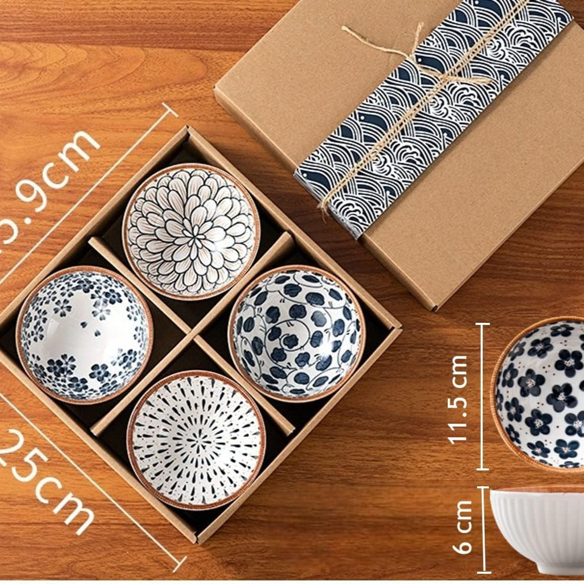 Monochrome Elegance Ceramic Bowls – Set of 4 (11.5cm, 265ml each)