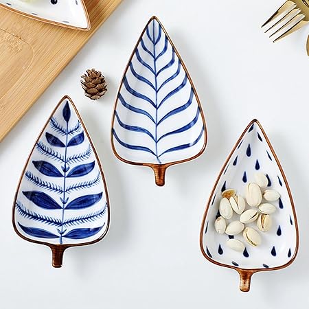 Indigo Leaf Ceramic Platter Set – 4 Leaf-Shaped Plates with Wooden Tray | Elegant Serveware