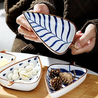 Indigo Leaf Ceramic Platter Set – 4 Leaf-Shaped Plates with Wooden Tray | Elegant Serveware