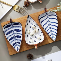 Indigo Leaf Ceramic Platter Set – 4 Leaf-Shaped Plates with Wooden Tray | Elegant Serveware