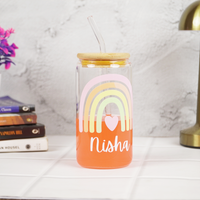 Personalized Rainbow Glass Tumbler with Straw | Cute Aesthetic Name Jar