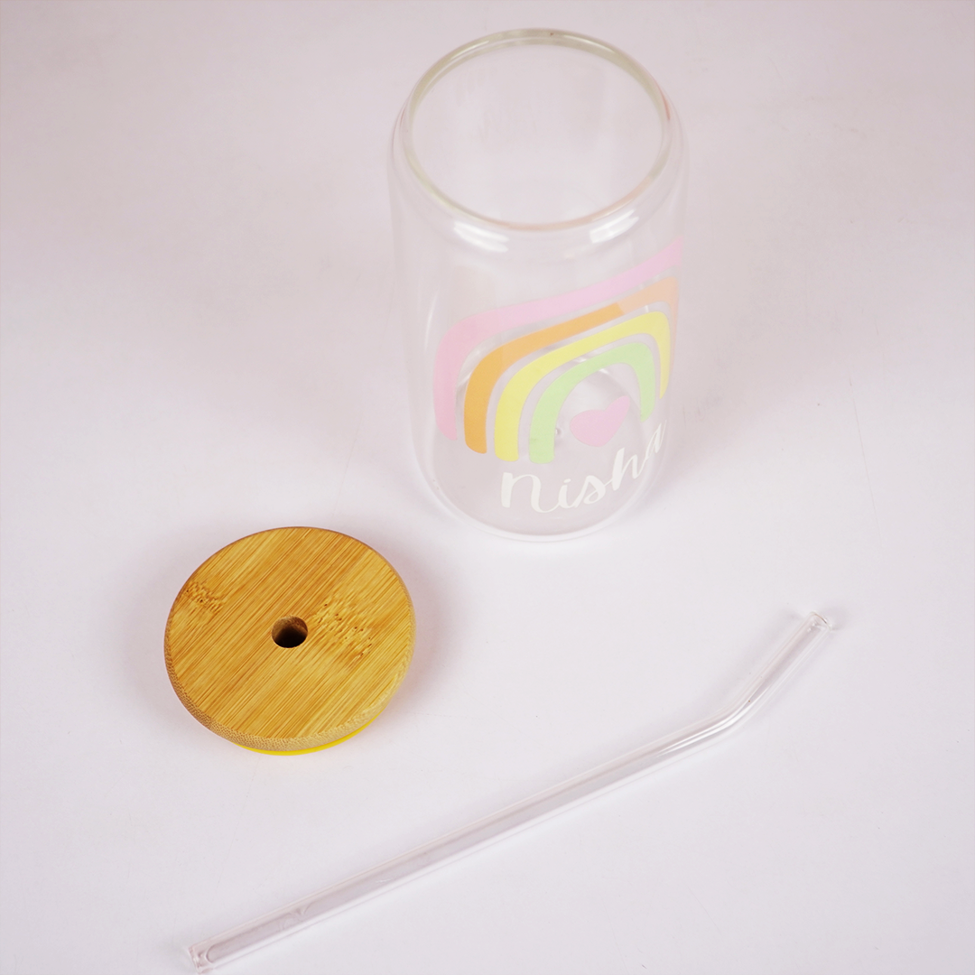 Personalized Rainbow Glass Tumbler with Straw | Cute Aesthetic Name Jar