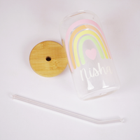 Personalized Rainbow Glass Tumbler with Straw | Cute Aesthetic Name Jar