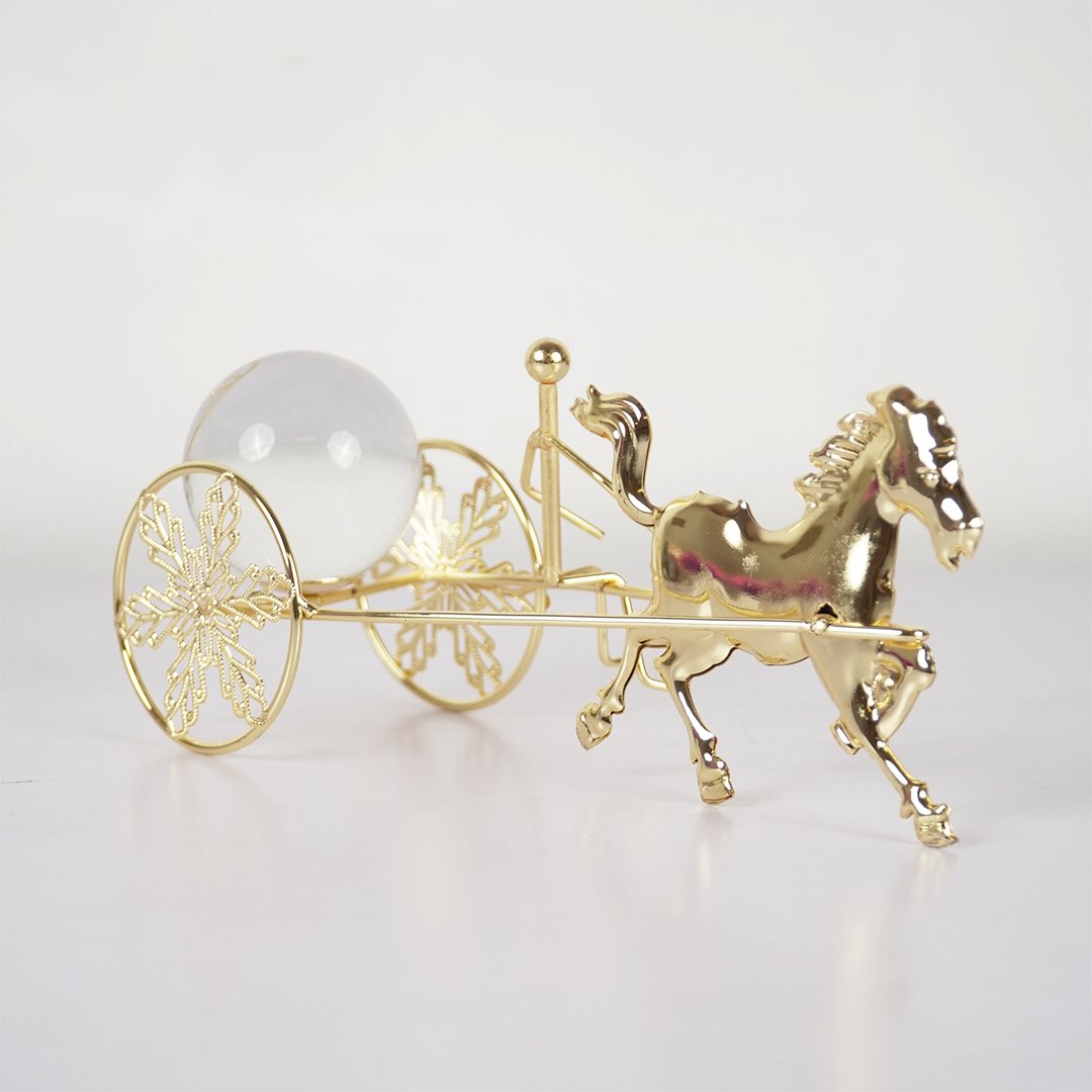 Golden Horse Carriage Showpiece Luxury Metal Decor with Glass Crystal Ball