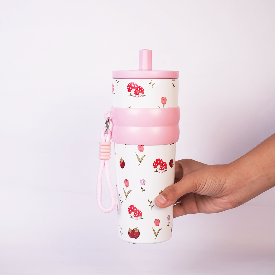 Floral & Mushroom Stainless Steel Insulated Tumbler with Straw & Carry Loop