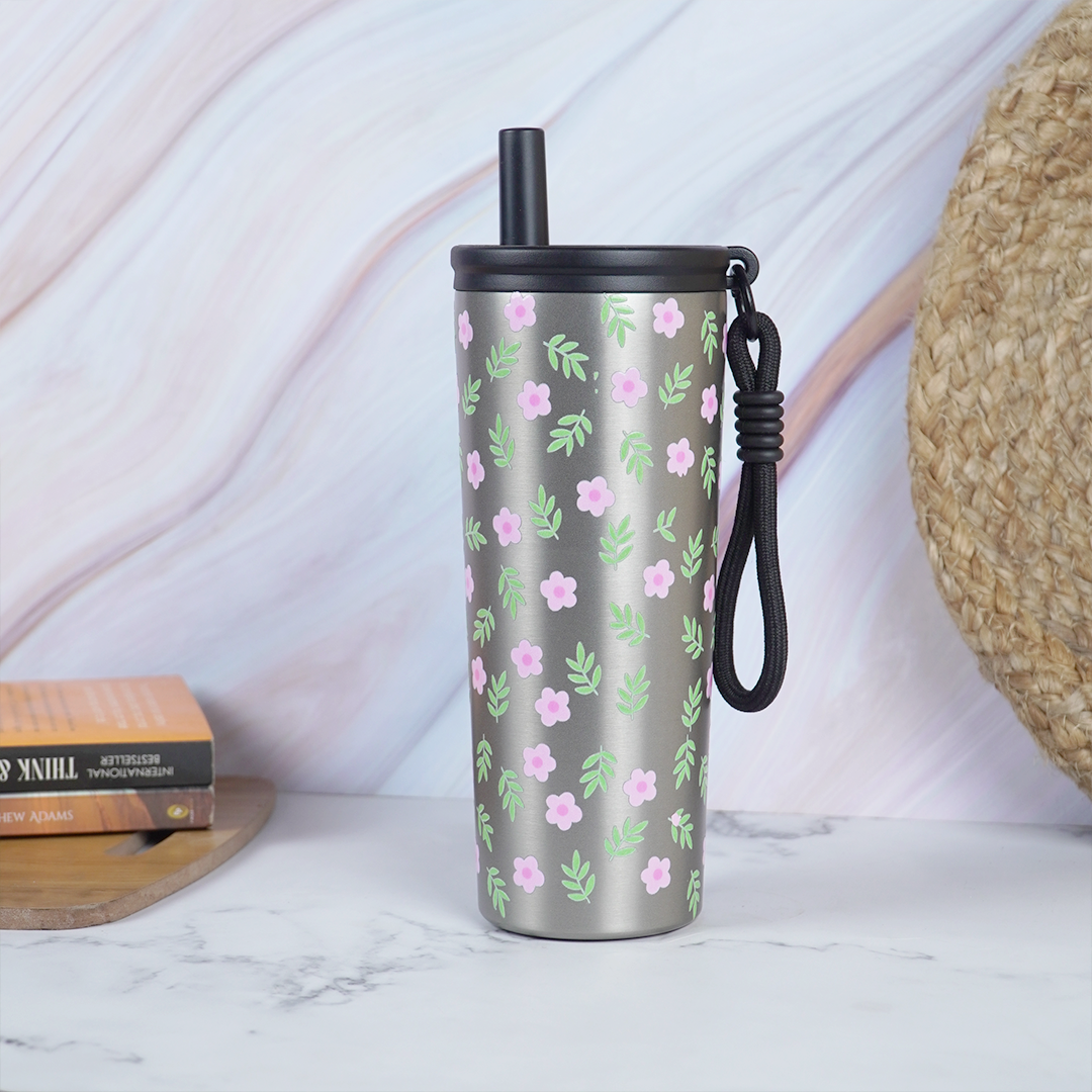 Floral Stainless Steel Tumbler with Straw