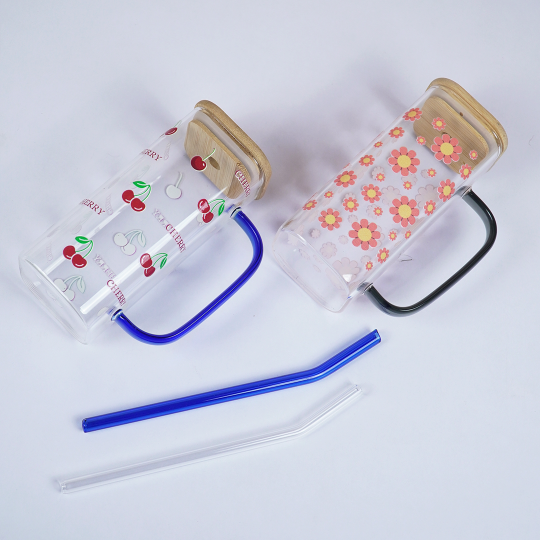 Set-2 Cherry & Floral Glass Cup with Bamboo Lid & Straw