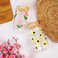 Set-2 Floral Glass Tumbler with Bamboo Lid & Straw