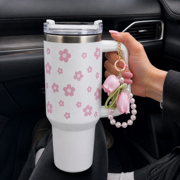 Pink Daisy Stainless Steel Tumbler with Charm | 1.2L Insulated Travel Mug