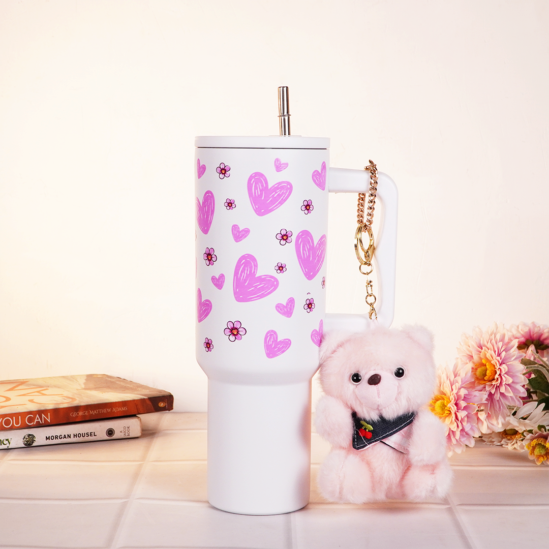 Pink Floral Heart Print White  Travel Tumbler with Handle & Straw