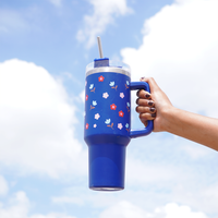 Floral Print Insulated Tumbler with Handle & Straw | Reusable Travel Cup | Stylish Drinkware
