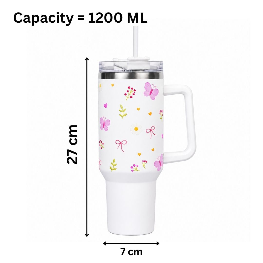 White Floral Butterfly Tumbler with Straw & Handle – Cute Aesthetic Travel Tumbler