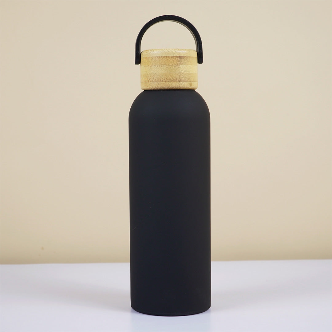Midnight Black Stainless Steel Water Bottle with Bamboo Lid – 550 ml