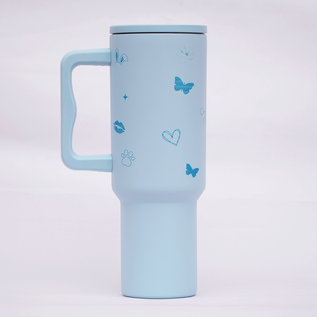 FlutterBloom™ 40oz Insulated Tumbler – Sky Blue Butterfly Edition