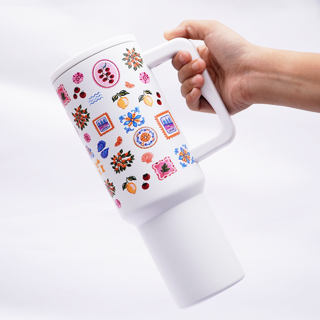 Mediterranean Print Stainless Steel Travel Tumbler with Handle & Leakproof Lid | Double Wall Vacuum Insulated Coffee Mug