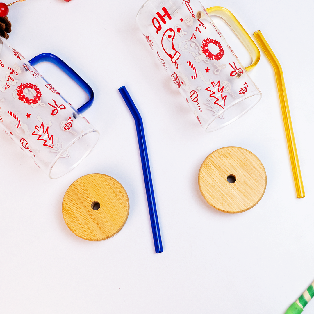 Christmas Glass Tumbler with Handle & Bamboo Lid – Set of 2 | Festive Holiday Design with Straw