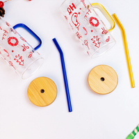 Christmas Glass Tumbler with Handle & Bamboo Lid – Set of 2 | Festive Holiday Design with Straw