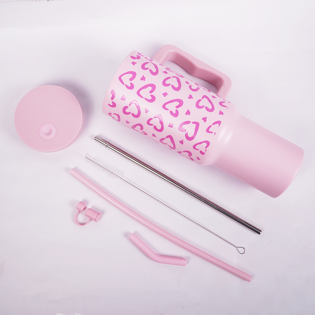 Soft Pink  Heart Leopard Print Travel Tumbler with Handle & Straw