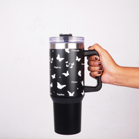 Black Butterfly Print Tumbler with Straw & Handle – Insulated Travel Coffee Cup