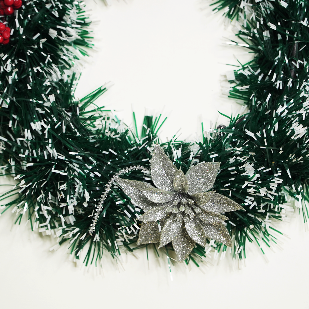 Snow-Frosted Christmas Wreath with Red Bow & Silver Flower