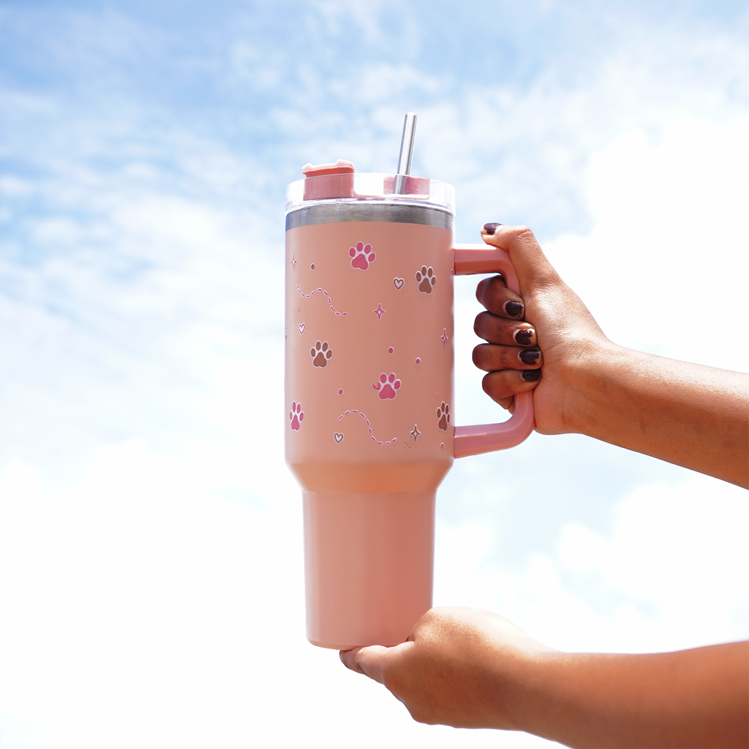 Floral Paw Print Tumbler with Handle & Straw | Reusable Travel Water Cup | Stylish Drinkware