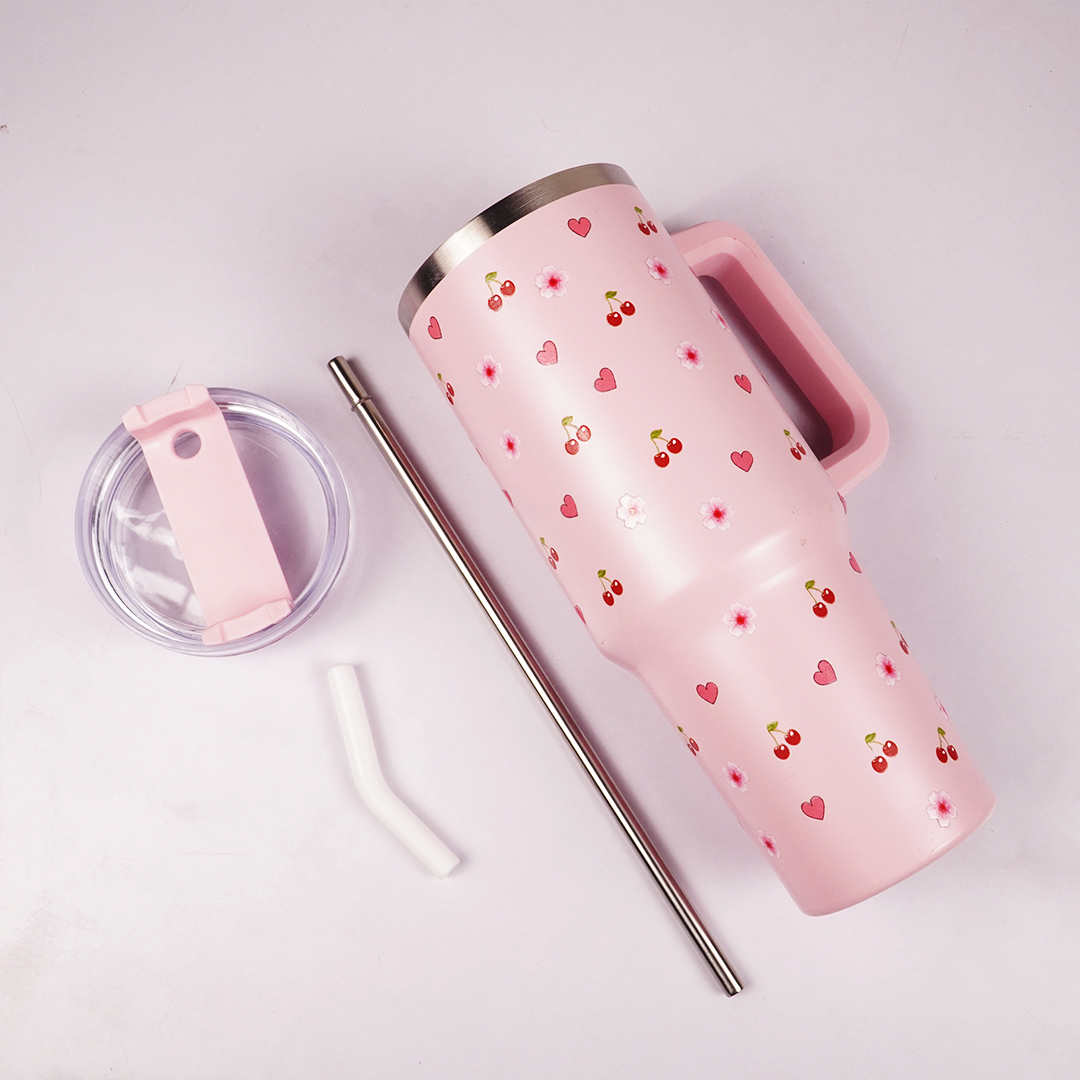 Pink Cherry & Floral Print Tumbler – Insulated Travel Tumbler with Handle & Straw