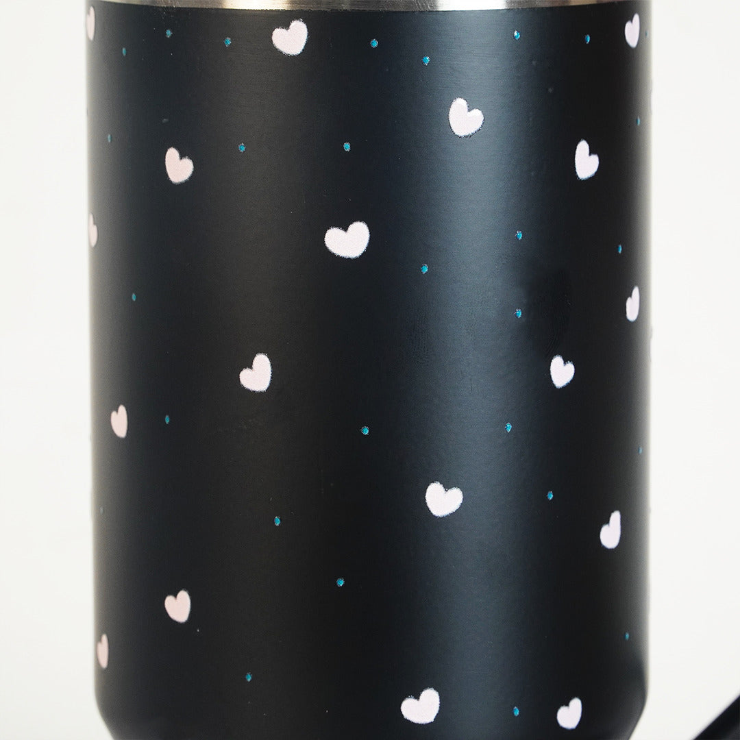 Aesthetic Heart Print Stainless Steel Tumbler with Floral Charm