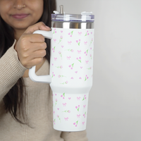 Floral Stainless Steel Insulated Tumbler with Handle & Straw – 1200ml Leakproof Travel Mug | Height 27cm, Width 7cm