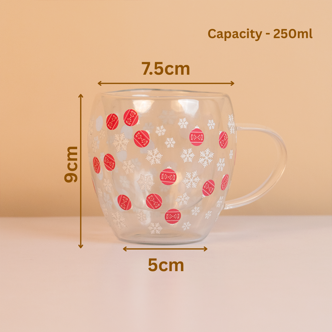 Set-2 Double Wall Glass Mug – Snowflake & Ornament Design