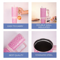 Soft Pink  Heart Leopard Print Travel Tumbler with Handle & Straw