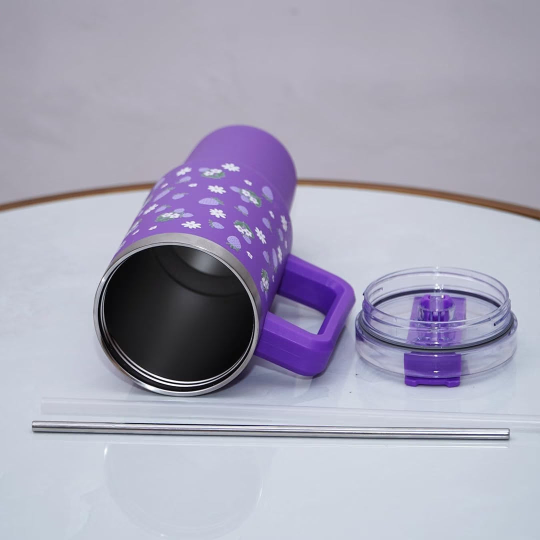 Strawberry Floral Print Tumbler with Handle & Straw | Reusable Travel Water Cup | Stylish Drinkware