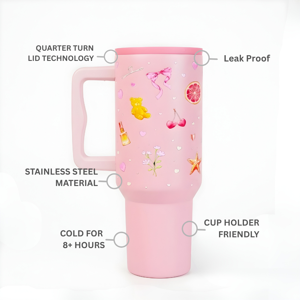 Blush Pop Aesthetic Tumbler with Handle, Straw & Spill-Proof Lid