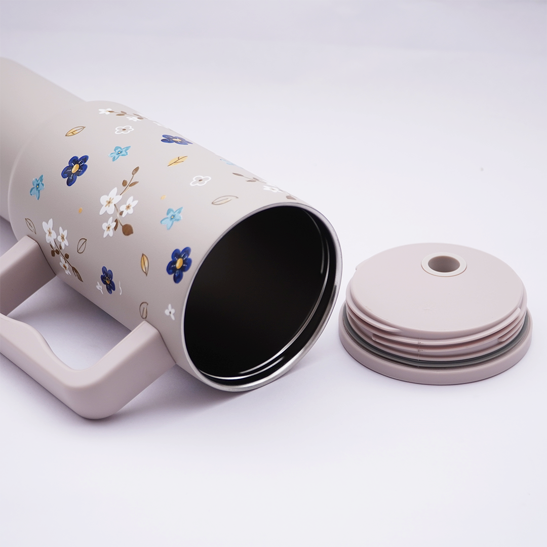 Blue Floral Stainless Steel Travel Tumbler with Handle | Double Wall Insulated & Leakproof