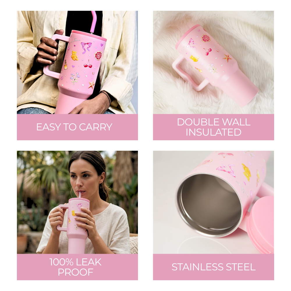Blush Pop Aesthetic Tumbler with Handle, Straw & Spill-Proof Lid