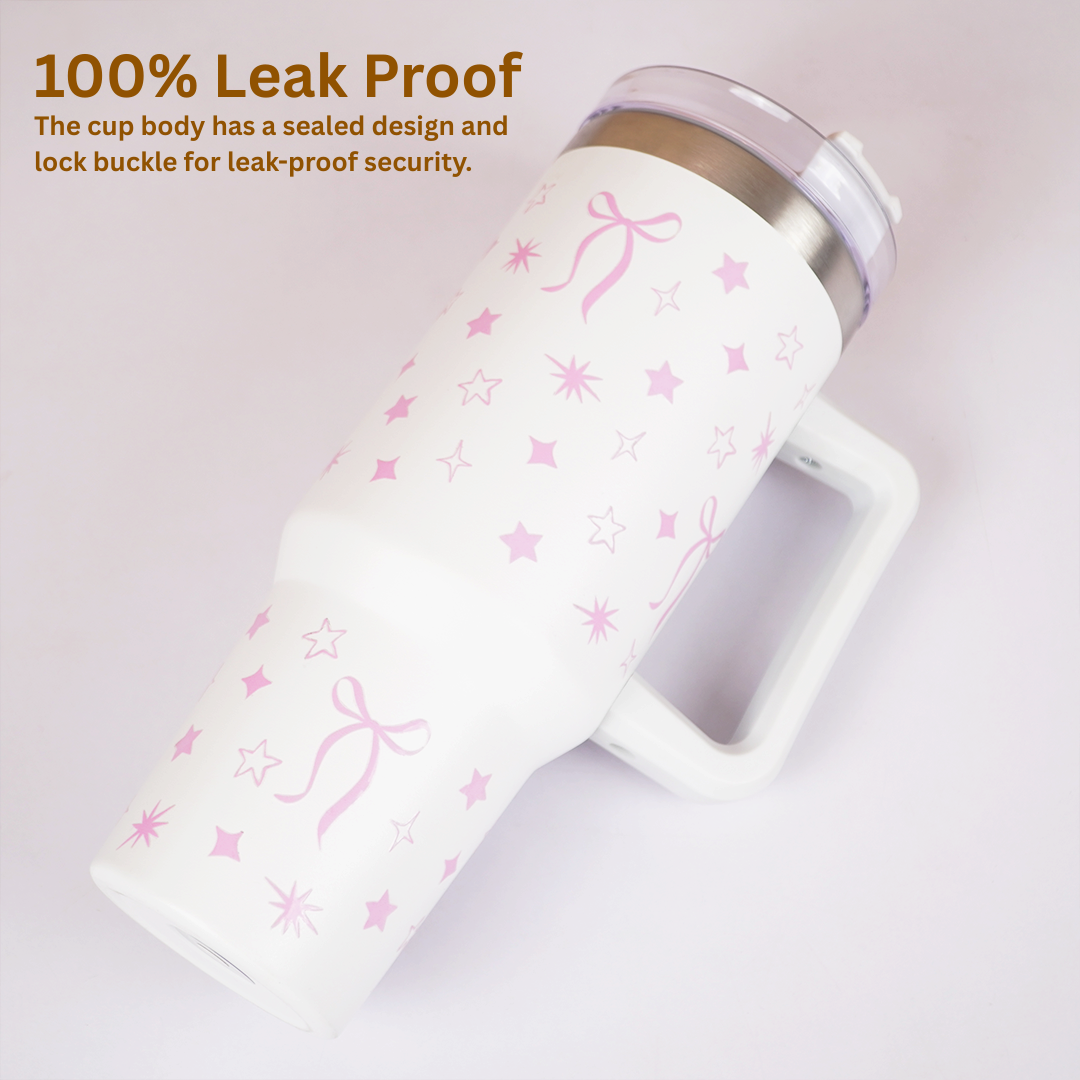 Cute Star Print Stainless Steel Tumbler with Handle | Double Wall Insulated Travel Mug with Straw