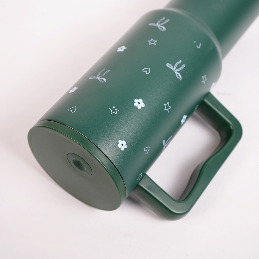 Deep Forest Green Floral & Bow Tumbler with Ergonomic Handle