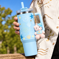 Aqua merin Ocean Theme Insulated Tumbler with Handle, Decorative Sea Life Design Travel Cup with Straw Lid