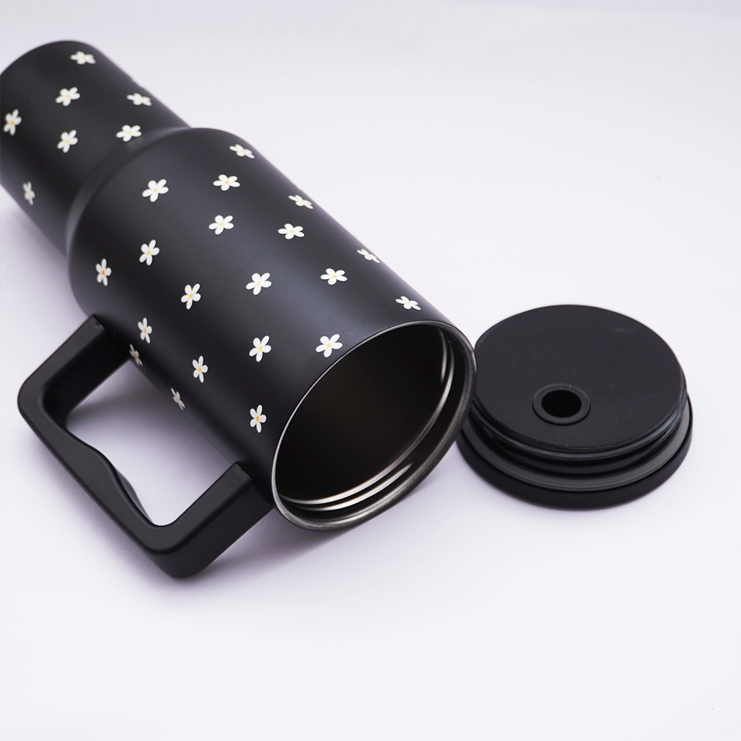 Black Daisy Stainless Steel Travel Tumbler with Handle & Leakproof Lid | Double Wall Insulated Coffee Mug