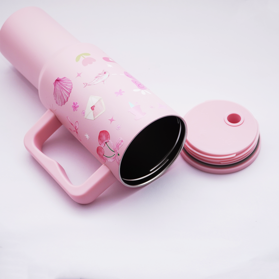 Pink Kawaii Stainless Steel Travel Tumbler with Handle & Leakproof Lid | Double Wall Vacuum Insulated Coffee Mug