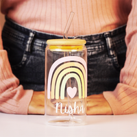 Personalized Rainbow Glass Tumbler with Straw | Cute Aesthetic Name Jar