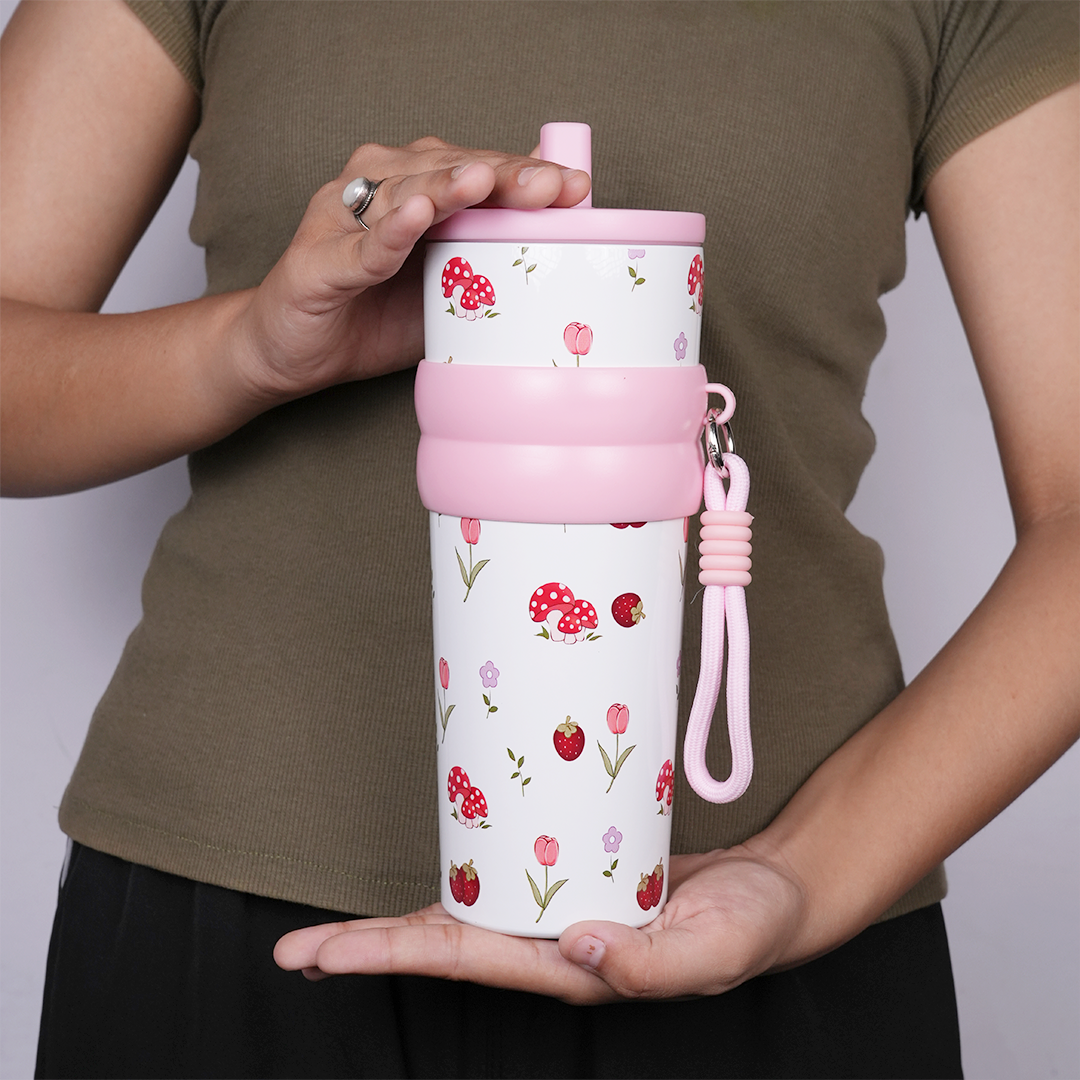 Floral & Mushroom Stainless Steel Insulated Tumbler with Straw & Carry Loop