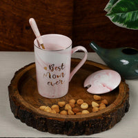 Coffee Mug, Coffee Mug with Lid, Birthday Gift for Mom, Ceramic Coffee Mug with Spoon, Gift for Mom Special with Gift Box, Diwali Gifts - Pink