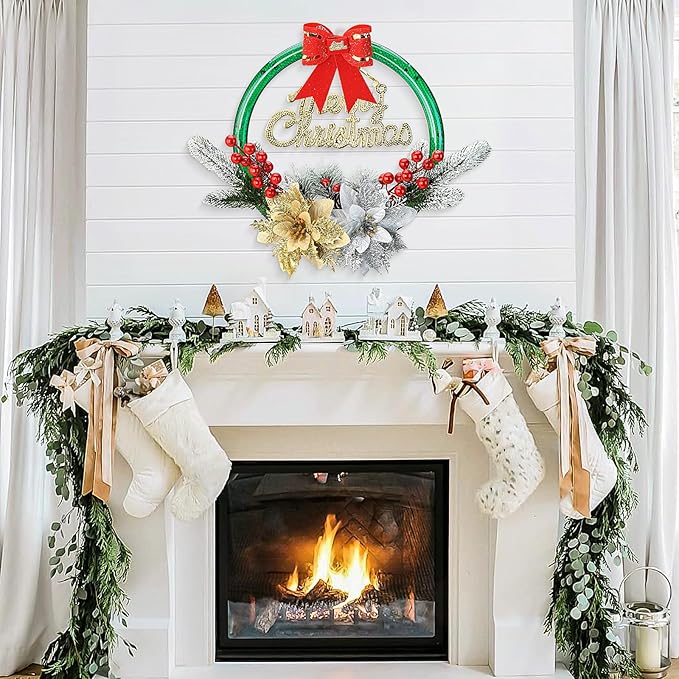 LED Christmas Wreath with Flowers & Red Bow – 30cm