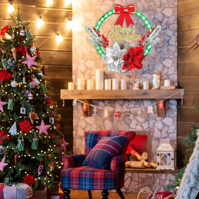 LED Christmas Wreath with Flowers & Red Bow – 30cm