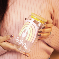 Personalized Rainbow Glass Tumbler with Straw | Cute Aesthetic Name Jar