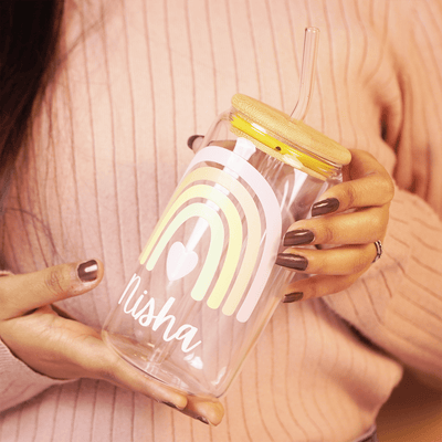 Personalized Rainbow Glass Tumbler with Straw | Cute Aesthetic Name Jar - Memories InsiteRAINBOW GLASS TUMBLER WITH STRAW