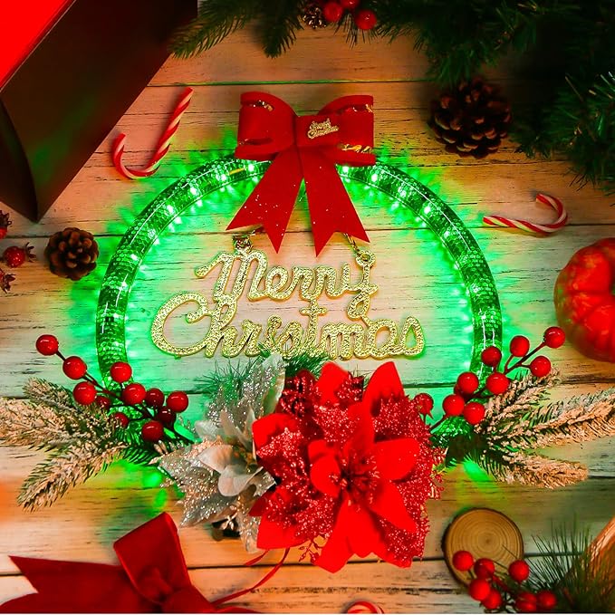 LED Christmas Wreath with Flowers & Red Bow – 30cm