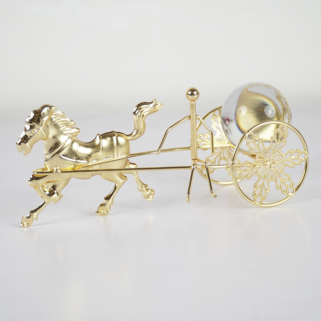 Golden Horse Carriage Showpiece Luxury Metal Decor with Glass Crystal Ball