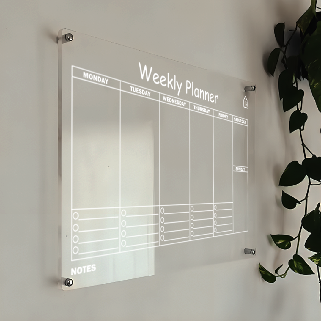 Acrylic Weekly Wall Planner – Reusable Dry Erase Weekly Schedule Board with Notes Section | Modern Floating Design for Home, Office & Study