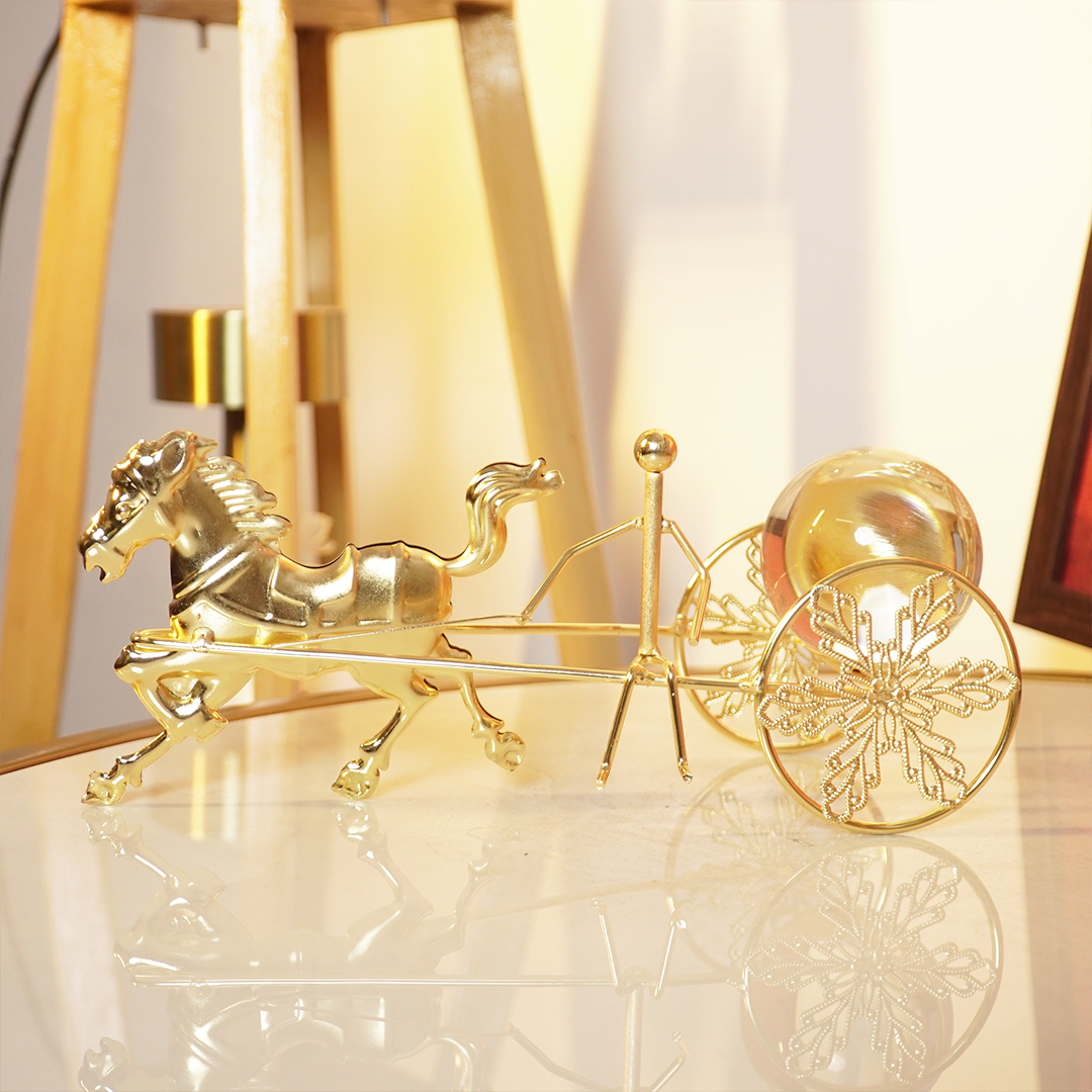 Golden Horse Carriage Showpiece Luxury Metal Decor with Glass Crystal Ball